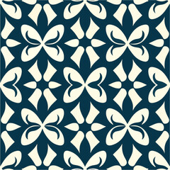 Captivating blue and white pattern with an abstract twist, showcasing a dark floral motif, artfully repeating across fabric in an art deco style.
