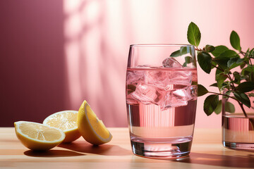 Summer refreshing drink with mint, sparkling water, lemon juice and ice in a glass. Pink champagne, alcoholic cocktail for the bar. Copy space. Mint leaves, lemon slice. Generative AI photo.