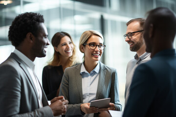 A well-composed image featuring colleagues from diverse cultures exchanging ideas, colleagues, portrait, business Generative AI