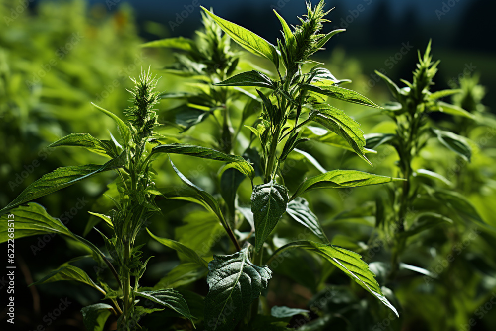 Aufkleber ragweed green background generative ai technology.