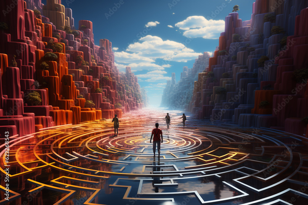 Aufkleber A conceptual illustration of a floating labyrinth or maze, representing the complexities of the human mind and the search for meaning Generative AI technology.