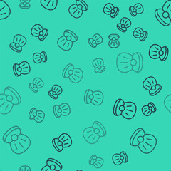 Black line Natural open shell with pearl icon isolated seamless pattern on green background. Scallop sea shell. Seashell sign. Vector