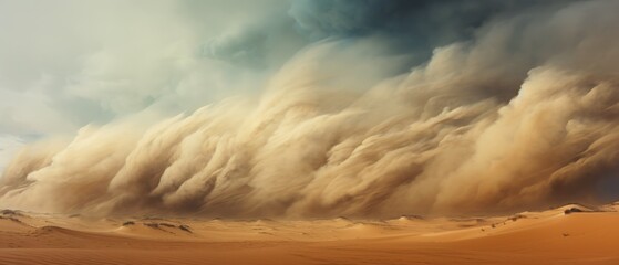 landscape of light brown desert dunes and awe-inspiring turbulent sandstorm clouds forming at the horizon, vast panoramic open world expanse cloudscape - Generative AI