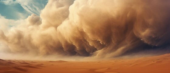 landscape of light brown desert dunes and awe-inspiring turbulent sandstorm clouds forming at the horizon, vast panoramic open world expanse cloudscape - Generative AI