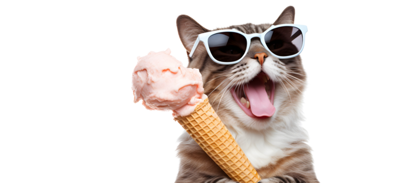 Funny cat wearing sunglasses, licking ice cream, transparent background
