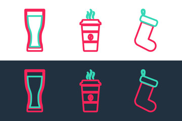 Set line Christmas sock, Glass of beer and Coffee cup icon. Vector