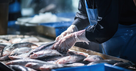 fishmonger picking fish in fish market - obrazy, fototapety, plakaty