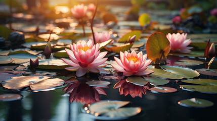 Beautiful pink lotus flowers created with generative AI technology - obrazy, fototapety, plakaty