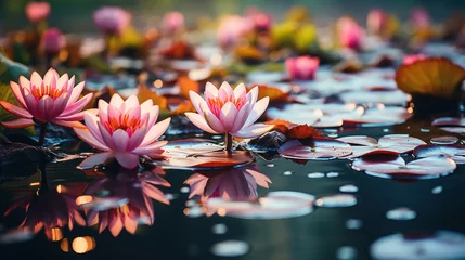 Zelfklevend Fotobehang Beautiful pink lotus flowers created with generative AI technology © Neuroshock