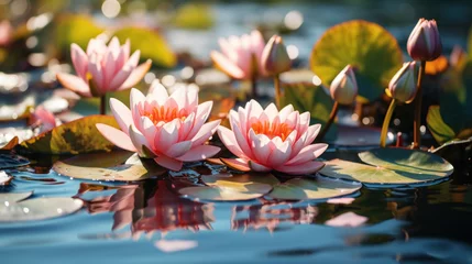 Fototapeten Beautiful pink lotus flowers created with generative AI technology © Neuroshock