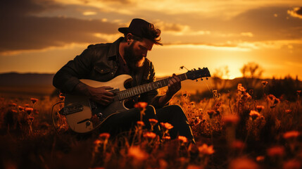 Silhouette of musician with guitar at sunset field created with generative AI technology