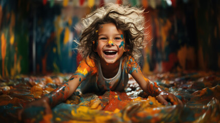 Happy laughing boy smeared in colourful paint created with generative AI technology - obrazy, fototapety, plakaty