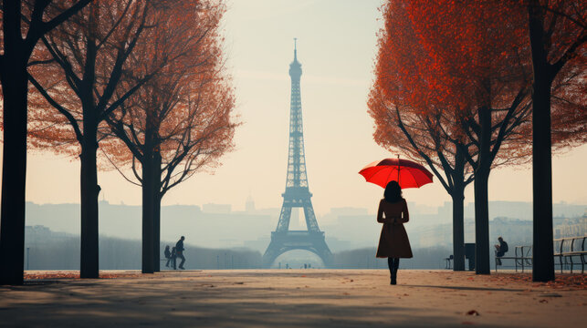 Silhouette of a woman against the background of autumn in Paris created with generative AI technology