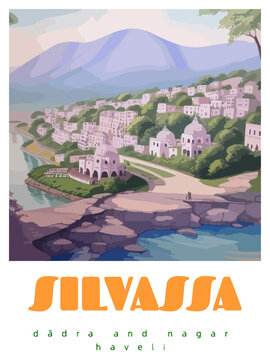 Silvassa: Retro tourism poster with an Indian landscape and the headline Silvassa / Dādra and Nagar Haveli