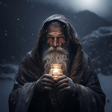 monk with a lantern in the mountains, generative AI