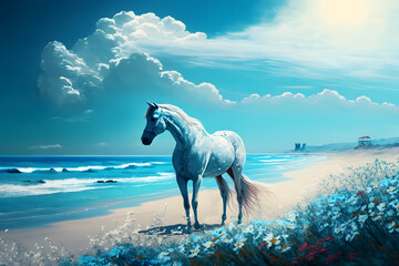 Obraz na płótnie Canvas Horse On The Beach blue Ocean And Cloud Sky