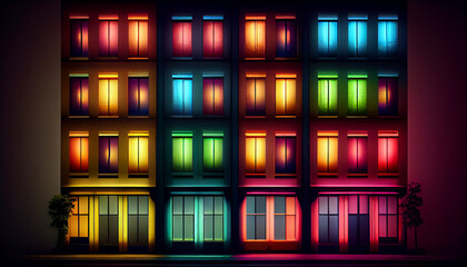 Building facade with the windows lighted in different colors Ai generated image