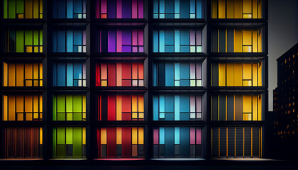 Building facade with the windows lighted in different colors Ai generated image