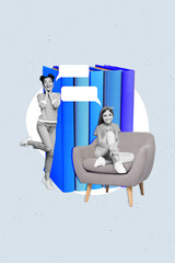 Collage sketch magazine of excited amazed impressed girl say wow omg sale bookshop sitting relaxing armchair isolated on retro background