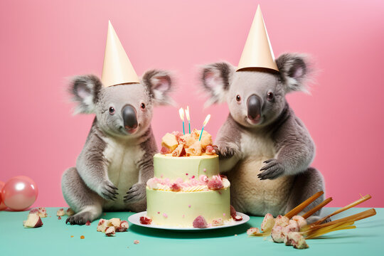 Illustration of cutes coala animals with birthday party cap and cake celebrating  birthday. Idea of happiness and love. Minimal, pastel, creative, animal concept. Generative AI