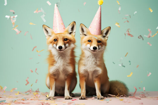 Illustration of two fox animals celebrate birthday or new year at home. Confetti in the air, positive atmosphere. Abstract funny idea with wild animal having a party, pastel background. Generative AI.