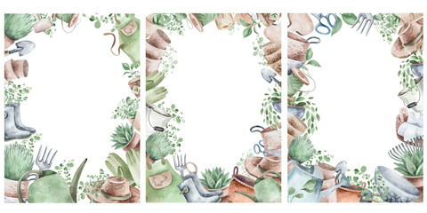 Watercolor set of frames with garden tools, flowers, herbs, plants. Garden equipment banner or party invitation.
