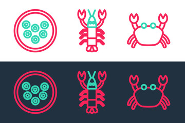 Set line Crab, Caviar on plate and Lobster icon. Vector
