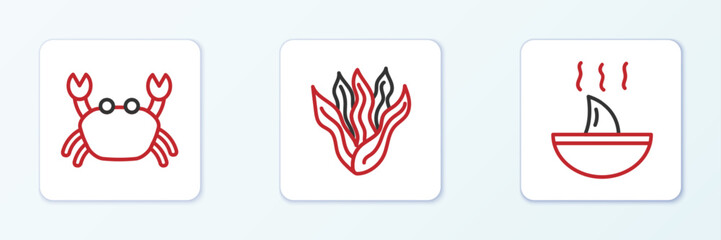 Set line Shark fin soup, Crab and Seaweed icon. Vector