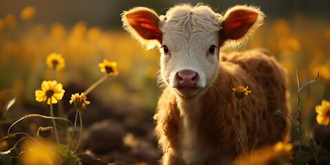 AI Generated. AI Generative. Beautiful young tittle calf on sunflower field at sunset. Nature landscape farm cow animal vibe. Graphic Art