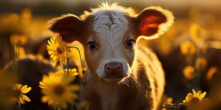 AI Generated. AI Generative. Beautiful young tittle calf on sunflower field at sunset. Nature landscape farm cow animal vibe. Graphic Art