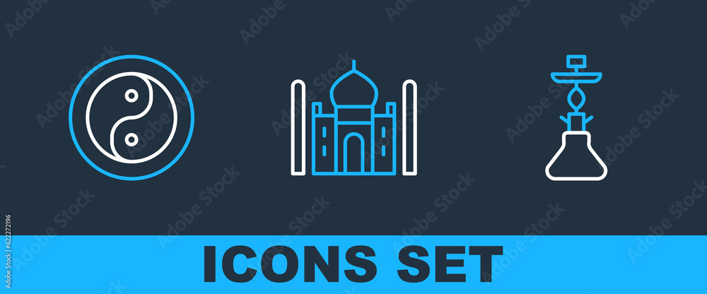 Poster set line hookah, yin yang and taj mahal icon. vector