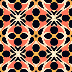 Captivating black and orange pattern adorned with circles, reminiscent of both Art Deco and Art Nouveau styles. This seamless design showcases intricate details and showcases a harmonious blend.