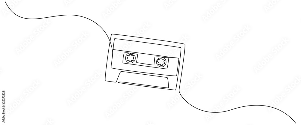 Poster One continuous line drawing of audio cassette tape. Retro and vintage music and mixtape concept in simple linear style. Editable stroke. Doodle Vector illustration