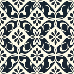 Classic damask pattern in black and white on a white background, featuring intricate paisley like motifs. This seamless design adds elegance to any setting.