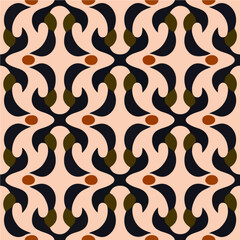 Striking art nouveau inspired pattern featuring black and brown motifs on a vibrant pink backdrop. The intricate design creates an art deco vibe, perfect for fabrics and textiles.