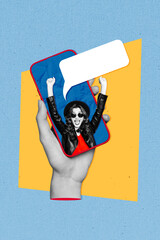 Picture sketch collage of hand hold modern phone show display happy crazy girl rejoice receive sms...