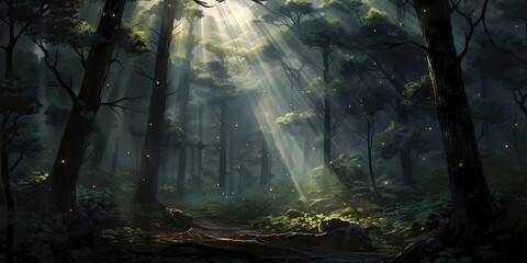 AI Generated. AI Generative. Mist fog magic dark forest. WIth sun ray going through trees. Adventure explore spooky scary mood. Graphic Art