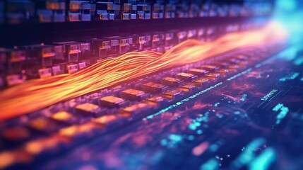 big database servers connection with Fiber optic cable internet, AI generative. - obrazy, fototapety, plakaty