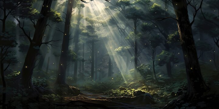 AI Generated. AI Generative. Mist fog magic dark forest. WIth sun ray going through trees. Adventure explore spooky scary mood. Graphic Art