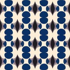 Captivating black and white background adorned with blue circles, forming an abstract pattern that repeats harmoniously. Its art deco influence makes it perfect for fabric designs with a touch.