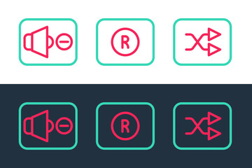 Set line Arrow shuffle, Speaker mute and Record button icon. Vector