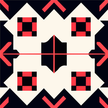 Bold red arrows stand out against a black and white background, creating a striking shipibo pattern with elements reminiscent of the famous Nazca designs.