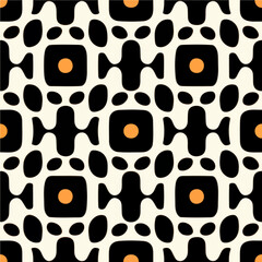 Striking black and white pattern adorned with vibrant orange dots an abstract and art deco inspired motif creating a mesmerizing repeating pattern.