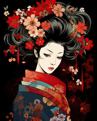 Illustration of beautiful young japanese women in traditional style wearing kimono. Colorful paint with flowers and aspects of japan culture.