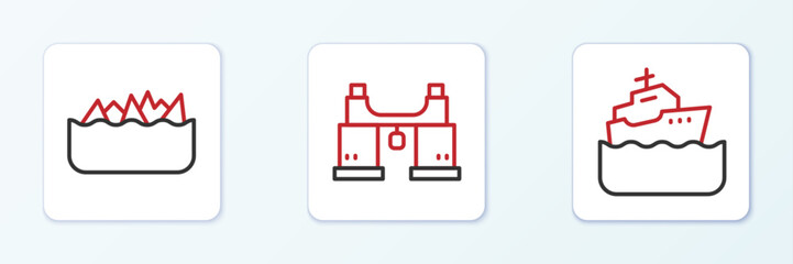 Set line Cruise ship, Sharp stone reefs and Binoculars icon. Vector