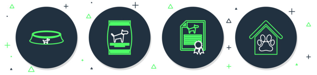 Set line Bag of food for dog, Certificate cat, Pet bowl and Dog house and paw print pet icon. Vector