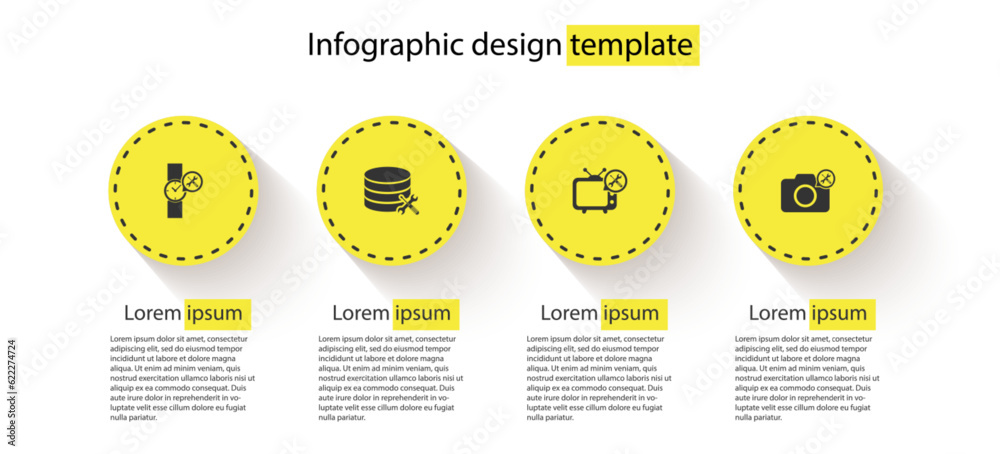 Sticker Set Wrist watch service, Database server, Tv and Photo camera. Business infographic template. Vector