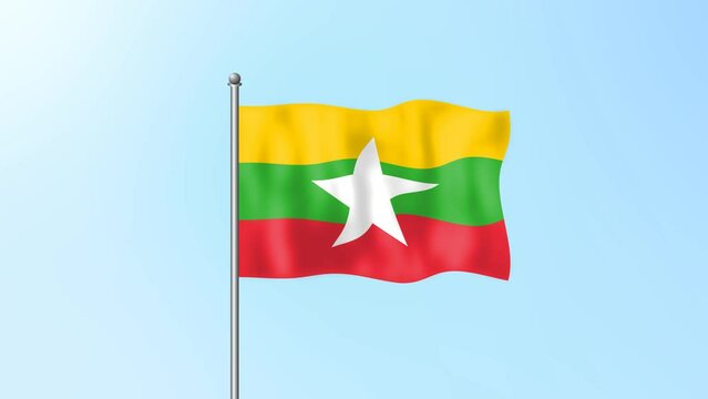Myanmar flag waving on beautiful clean blue sky footage background. 4k