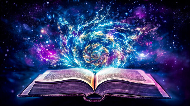 Ancien grimoire magique ouvert avec des &eacute;tincelles et des &eacute;clairs bleus qui s'en &eacute;chappent - Biblioth&egrave;que enchant&eacute;e, parfaite pour illustrer tout sort mystique ou f&eacute;&eacute;rique