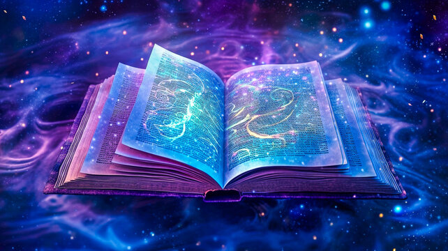 Ancien grimoire magique ouvert avec des &eacute;tincelles et des &eacute;clairs bleus qui s'en &eacute;chappent - Biblioth&egrave;que enchant&eacute;e, parfaite pour illustrer tout sort mystique ou f&eacute;&eacute;rique